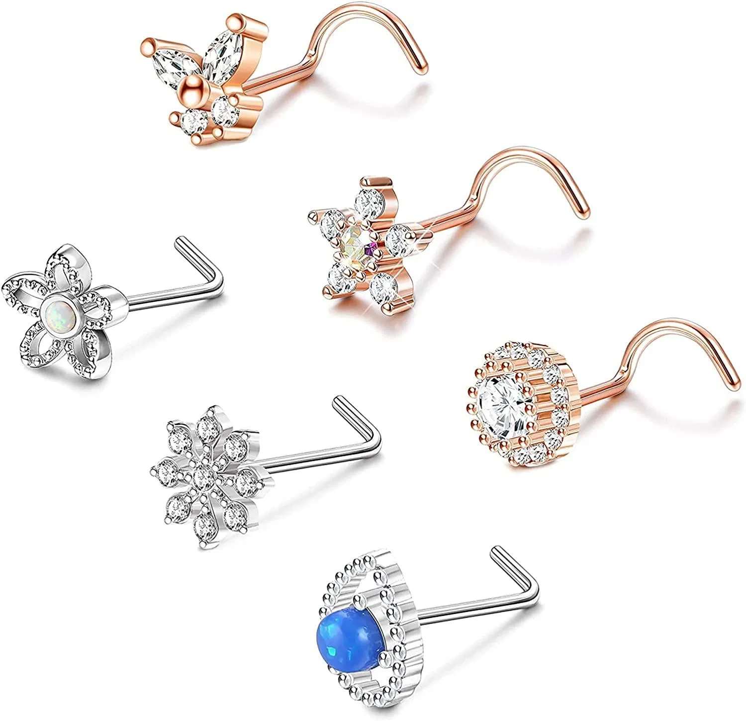 6PCS 20G Stainless Nose Ring Studs for Women Men Nose Studs CZ Butterfly Nose Ring L-Shape Screw Nose Piercing Stud for Women - Grocery