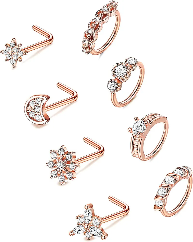 20G Nose Ring Hoops L Shaped Nose Studs 316L Surgical Cubic Zirconia Snowflake Big Flower Nose Piercing Jewelry for Women - Grocery