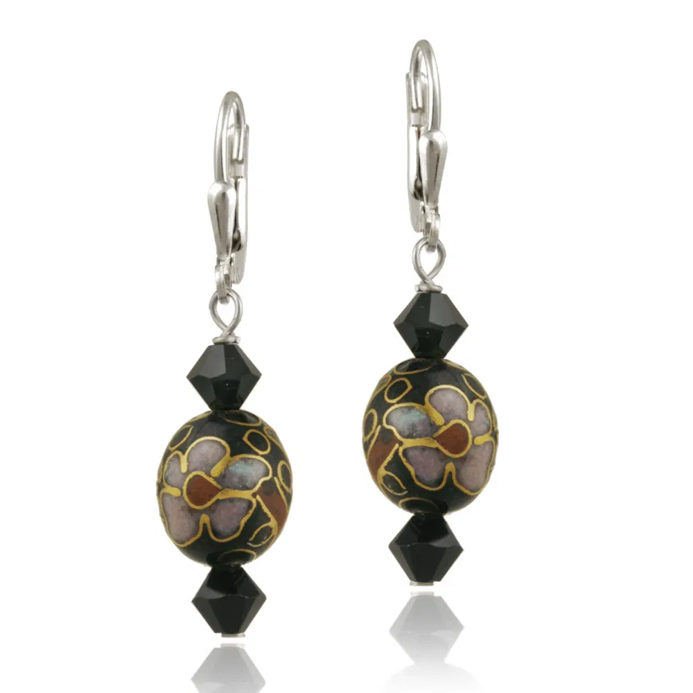 Sterling Silver Swarovski Elements & Black Cloisonne Oval Bead Dangle Earrings - Grocery