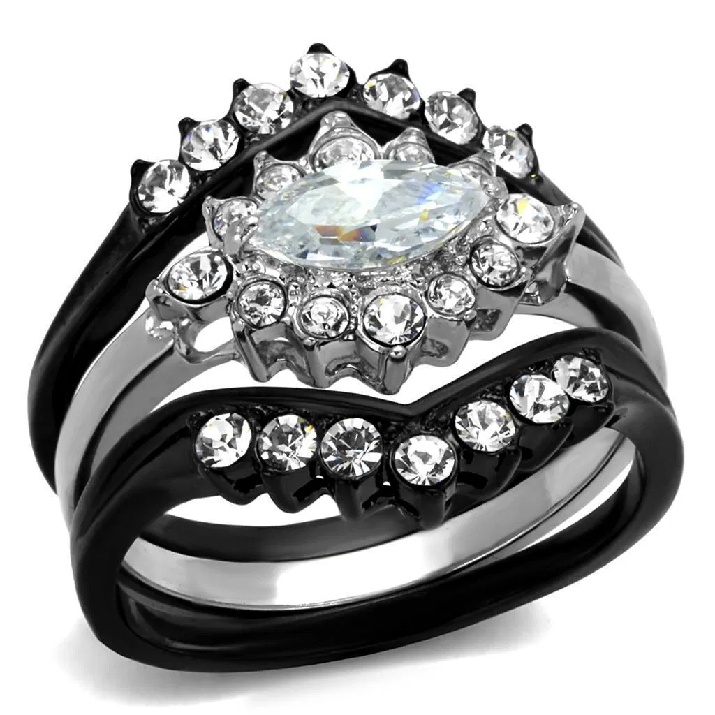 TK2188 - Two-Tone IP Black Stainless Steel Ring with AAA Grade CZ in Clear - Grocery