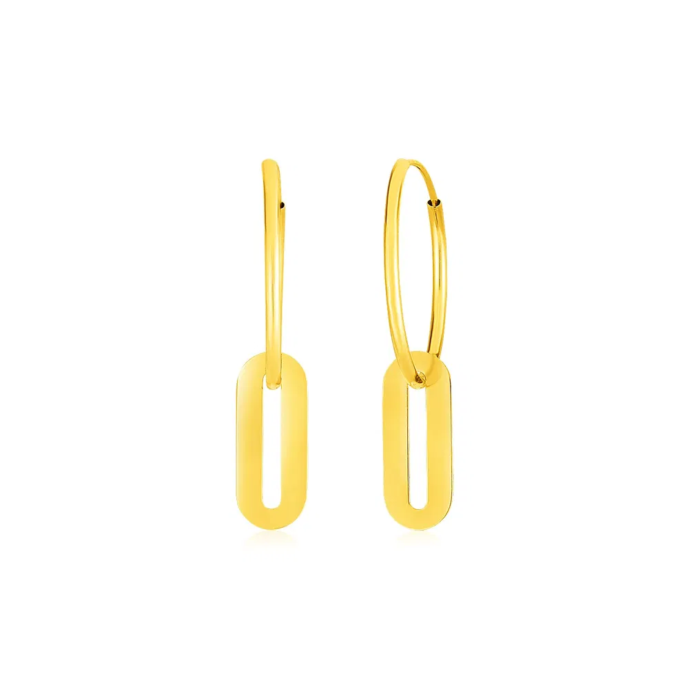 14k Yellow Gold Huggie Style Hoop Earrings with Paperclip Link Drops - Grocery