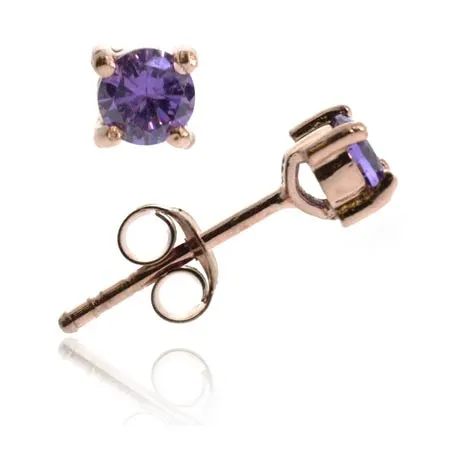 18K Rose Gold over Sterling Silver Purple CZ Round Stud Earrings, 4mm - Grocery