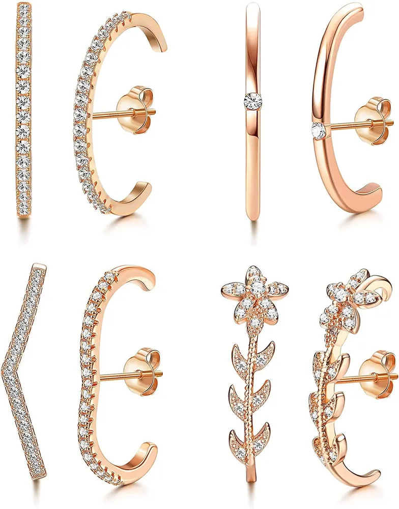 4 Pairs Suspender Earrings for Women CZ Ear Lobe Cuff Stud Earrings Minimalist Suspension Hoop Earring Set - Grocery