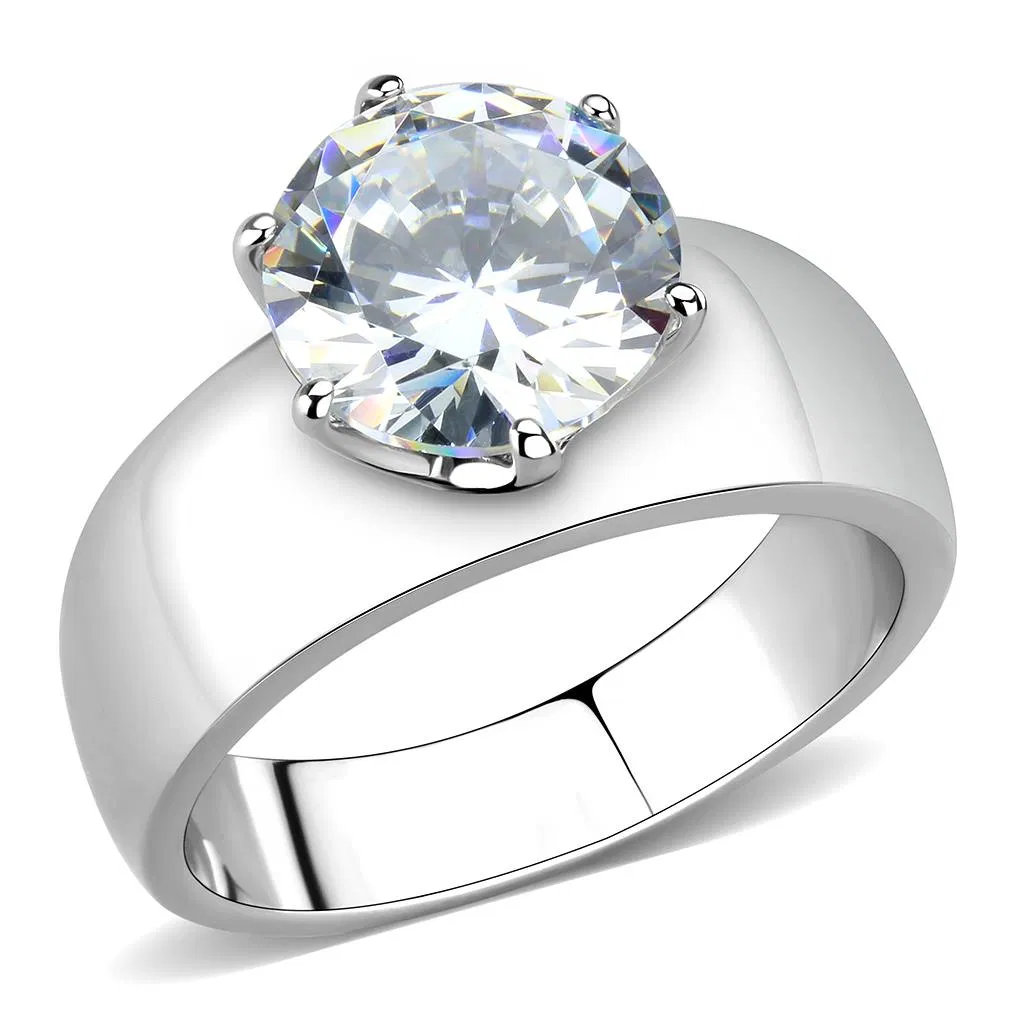 TK52004 - High polished (no plating) Stainless Steel Ring with AAA Grade CZ in Clear - Grocery