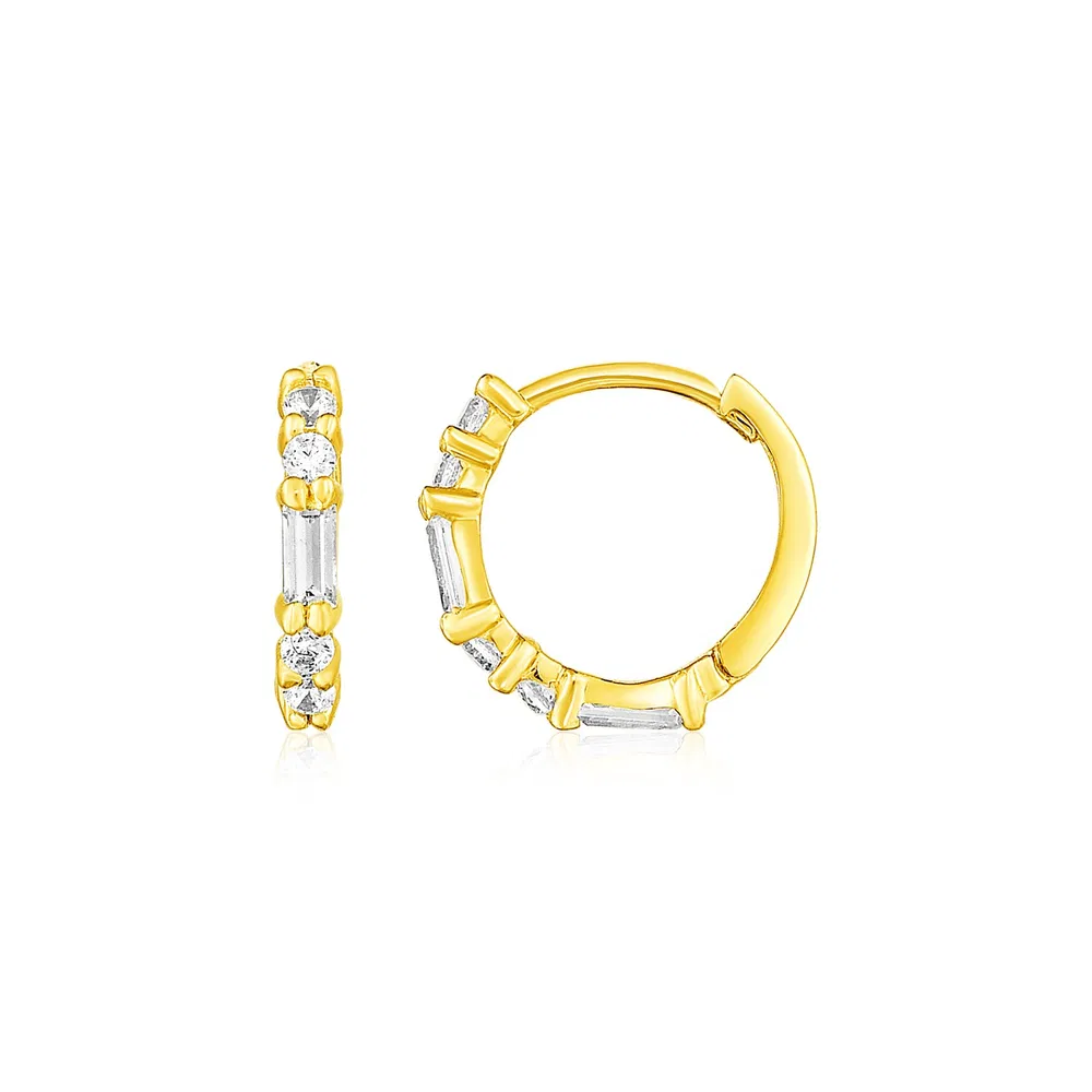 14k Yellow Gold Petite Hoop Earrings with Baguette Cubic Zirconias - Grocery