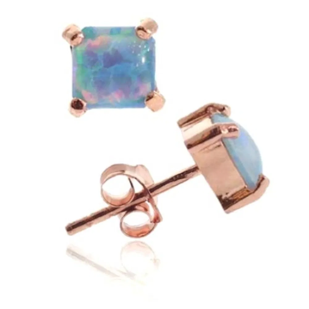 18K Rose Gold over Sterling Silver Created Blue Opal 6mm Square Stud Earring - Grocery