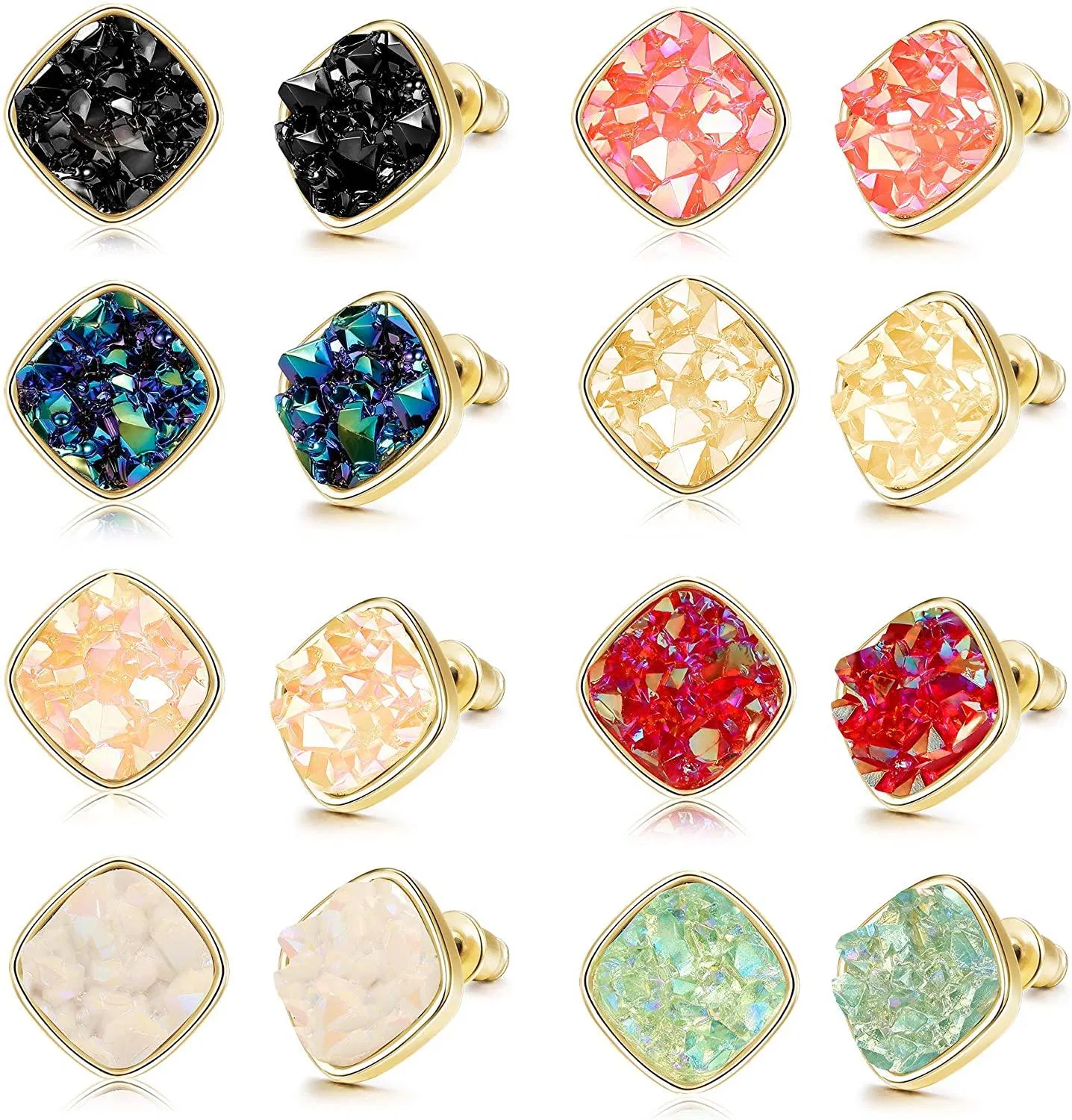 8 Pairs Resin Square Faux Druzy Stone Stud Earrings Set for Women Men Gold Plated Fashion Earrings Jewelry 10MM - Grocery