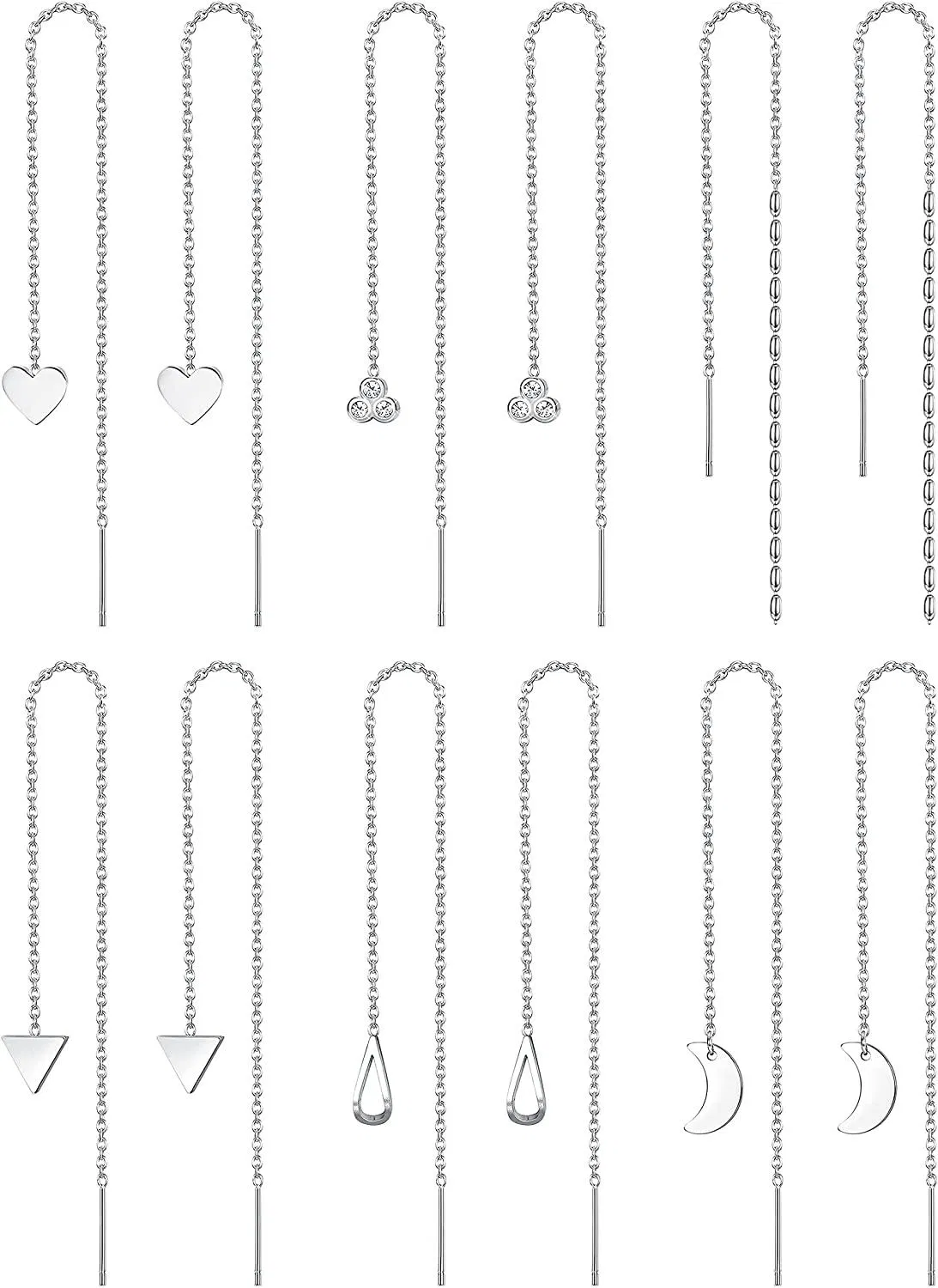 6 Pairs Stainless Threader Chain Tassel Dangle Earrings for Women Wave Ball Twist Shape Minimalist Long Chain Earrings Set - Grocery
