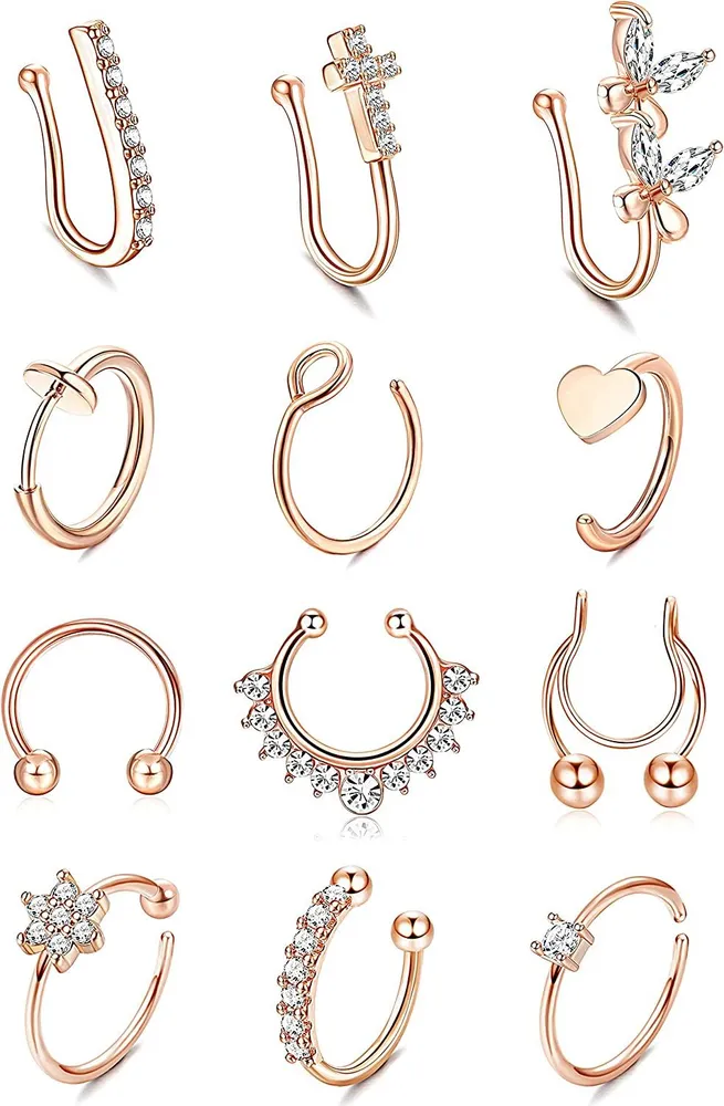 12PCS Fake Nose Rings Stainless CZ Inlaid Hoop Nose Ring Fake Nose Piercing Spring Clip on Faux Non Piercing Lip Ear Septum Rings for Women Men - Grocery