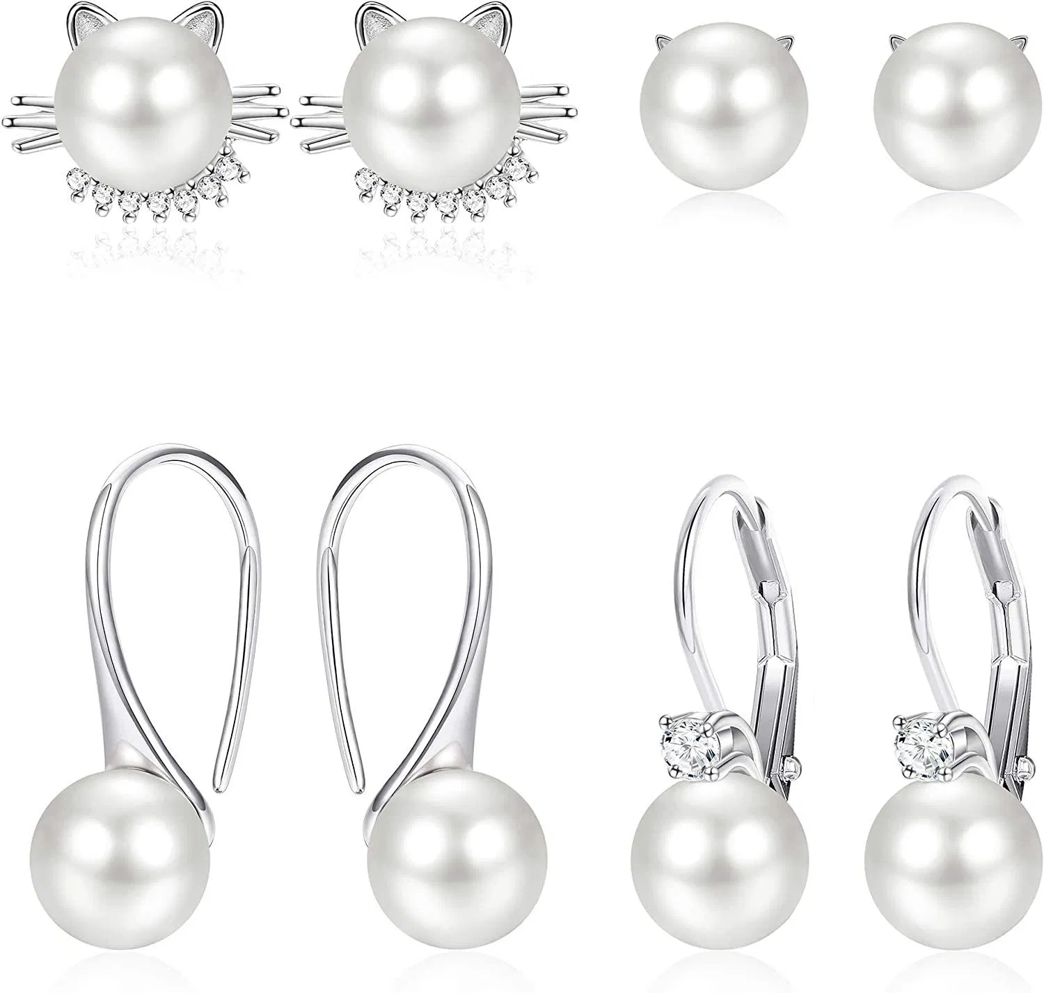 Cat Earrings Freshwater Pearl Cat Stud Earrings White Pearl Dangle Drop Earrings for Women 4 Pairs a Set - Grocery