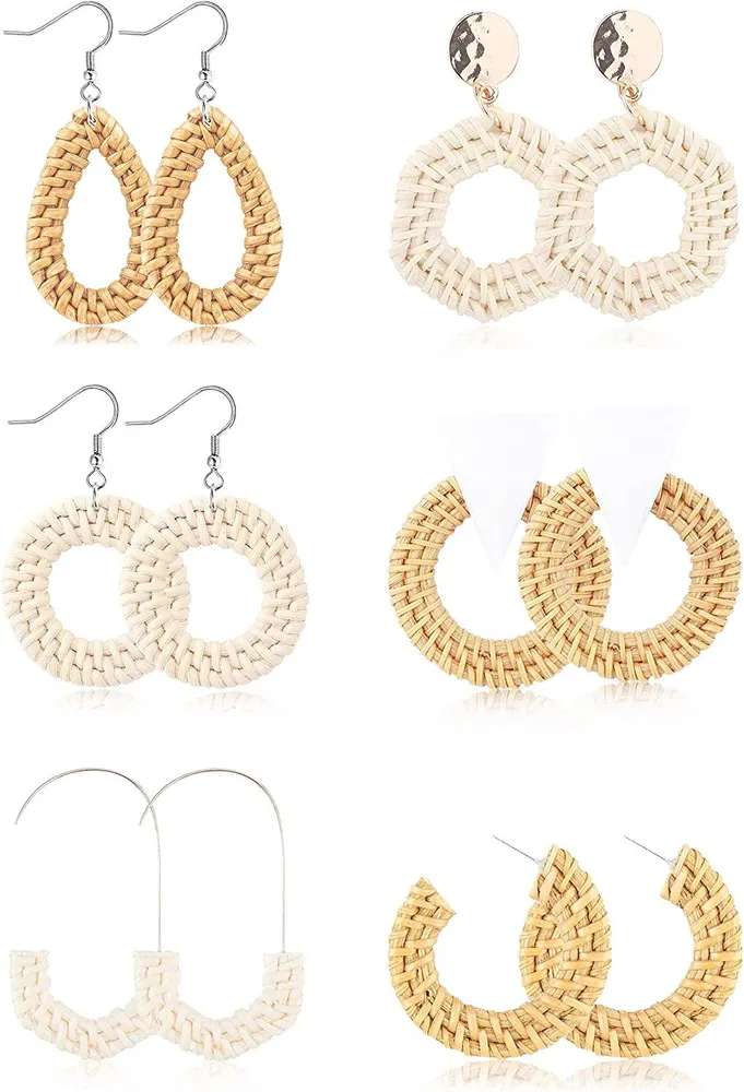 6Pairs Rattan Earrings for Women Handmade Straw Wicker Braid Drop Hoop Dangle Earrings Lightweight Geometric Statement Earrings Set - Grocery