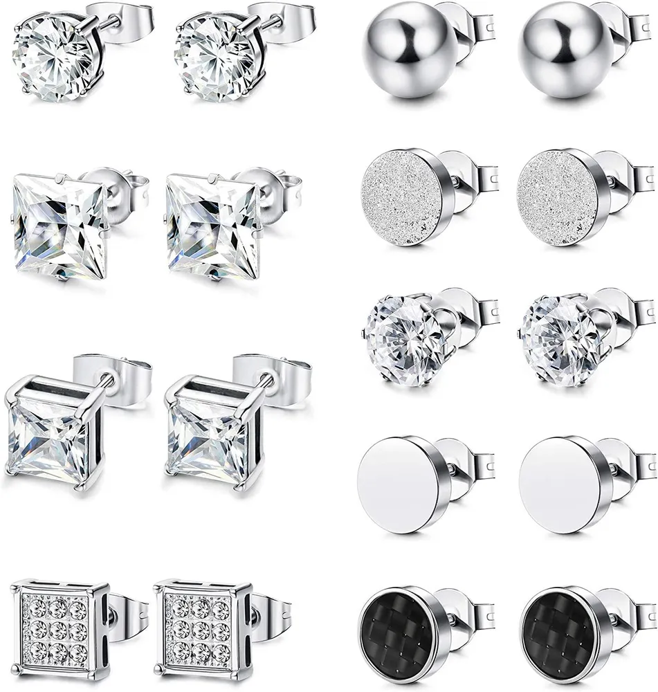 9 Pairs Stainless Mens Stud Earrings Cubic Zirconia Round Square Carbon Fiber Earrings Ball Ear Piercing Silver black Earrings for Men Women - Grocery