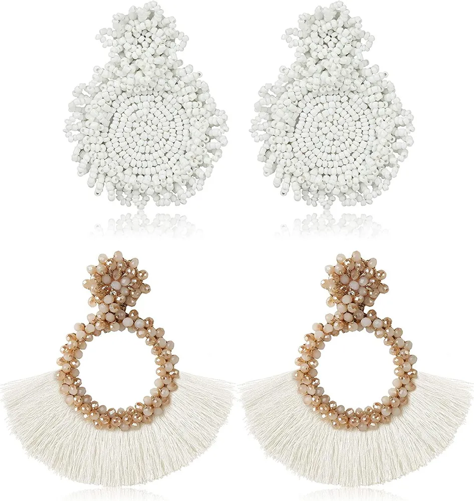 2 Pairs Statement Beaded Earring for Women Tassel Dangle Earring Round Drop Earrings Bohemian Handmade - Grocery