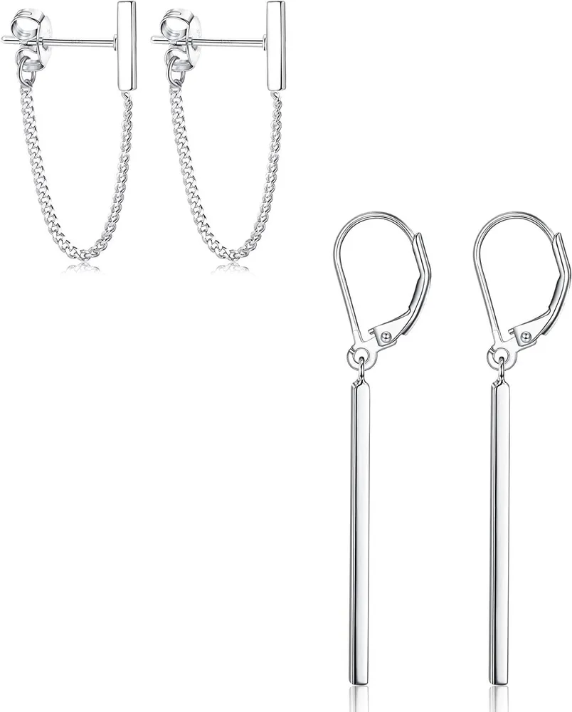 2Pairs Sterling Silver Minimalist Bar Dangle Earrings Bar Earrings with Chain Elegant Vertical Bar Dangle Earrings for Women - Grocery