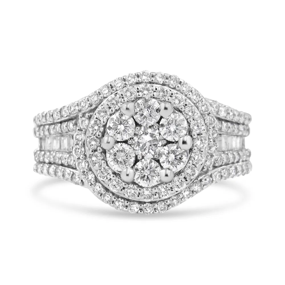 14K White Gold 1 1/2 Cttw Diamond Floral Cluster and Studded Shank Halo Ring (H-I Color, SI2-I1 Clarity) - Grocery