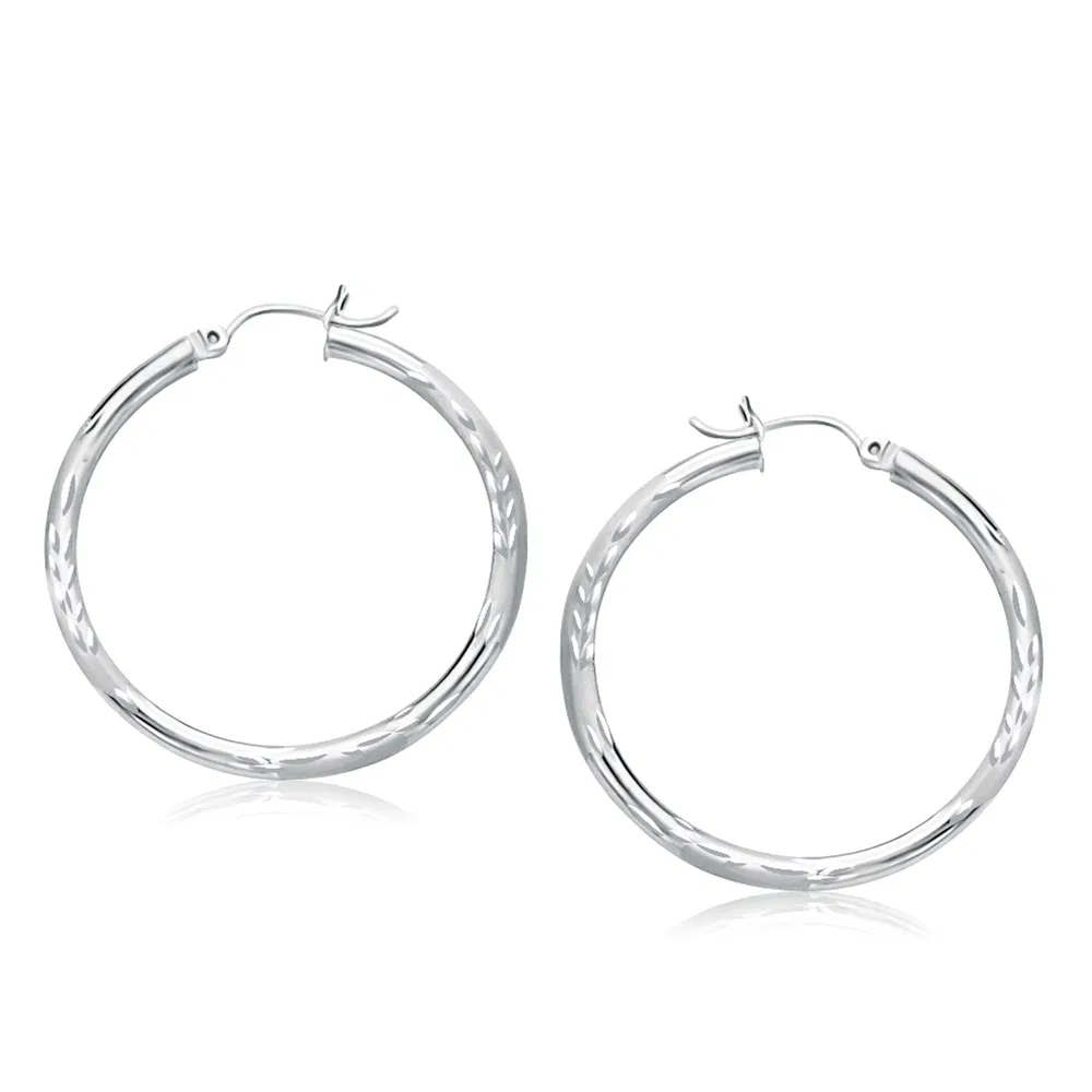 14k White Gold Fancy Diamond Cut Hoop Earrings (3x35mm) - Grocery