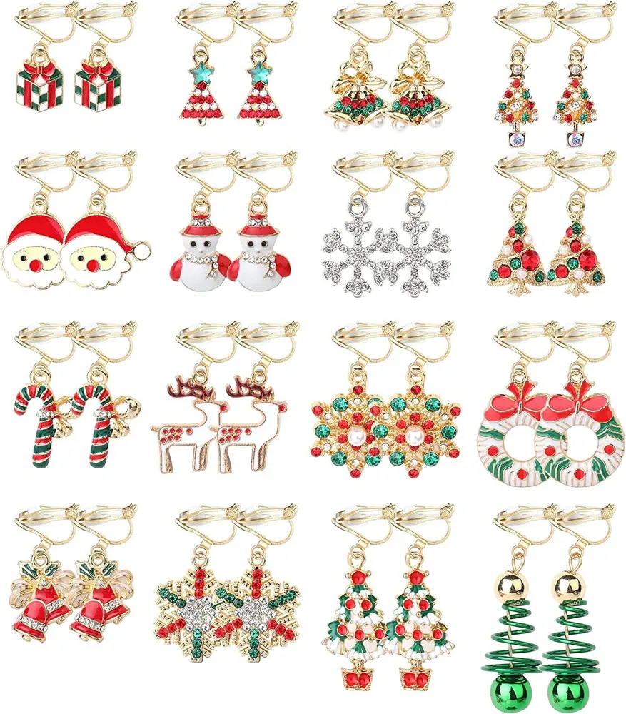 16 Pairs Christmas Assorted Clip on Earrings for Women Xmas Tree Bell Santa Elk Snowflake Drop Dangle Earrings Set - Grocery
