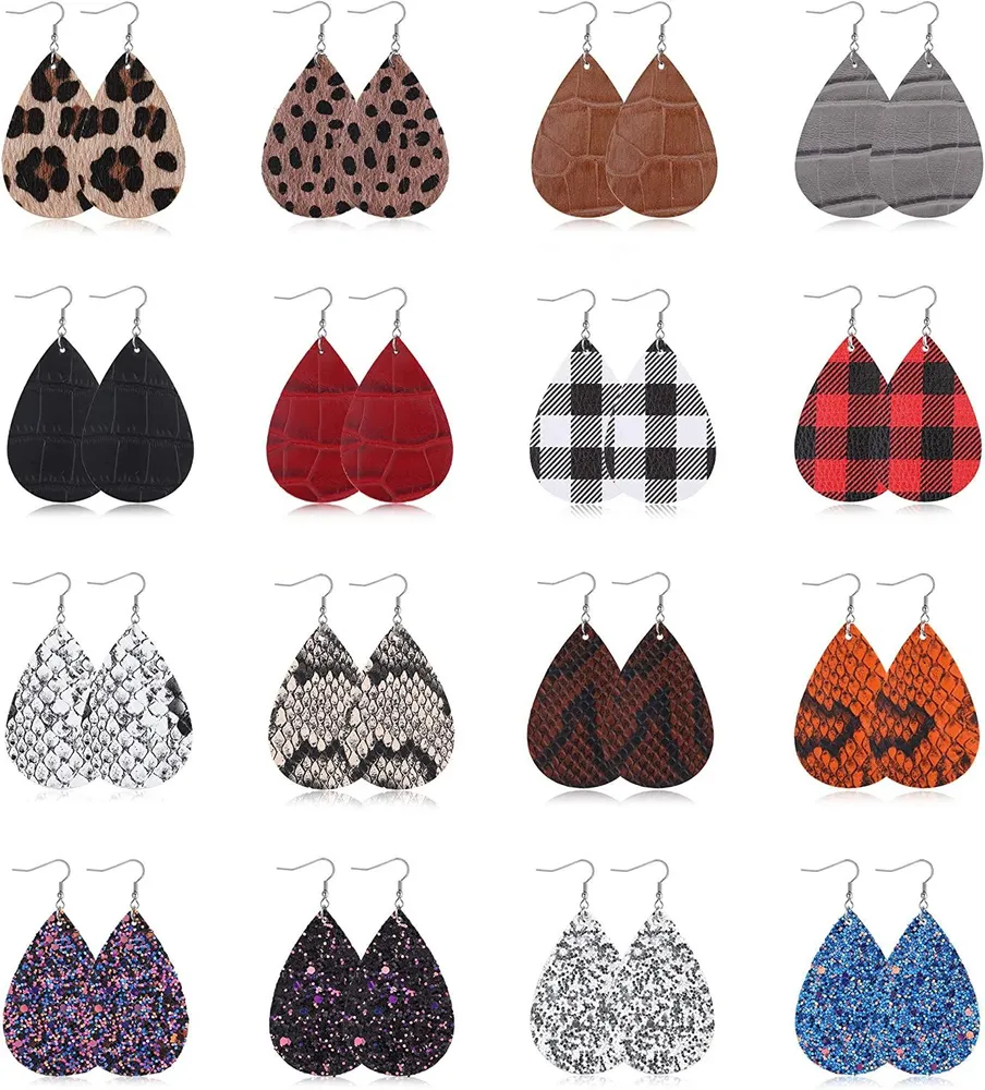 16 Pairs Faux Leather Earrings for Women Lightweight Leather Leaf Teardrop Dangle Earring Snake Skin Plaid Leopard Print Drop Dangle Earring Set - Grocery