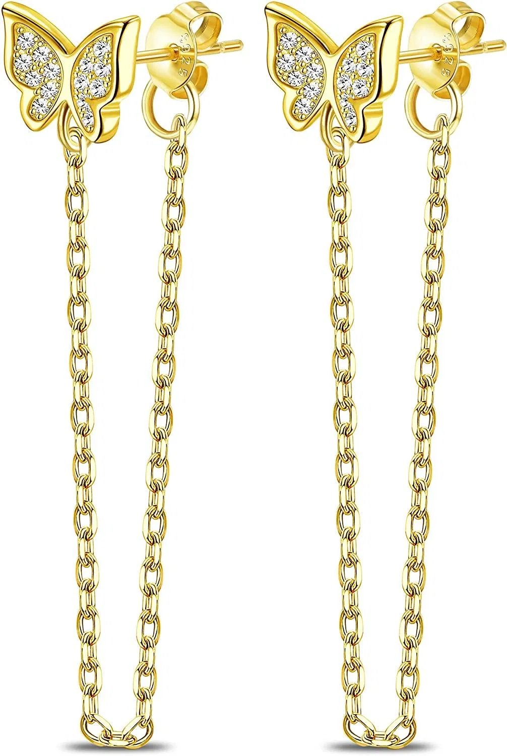 925 Sterling Silver Butterfly Chain Stud Earrings for Women 14K Gold Plated Drop Chain Dangle Earrings Hypoallergenic Jewelry - Grocery