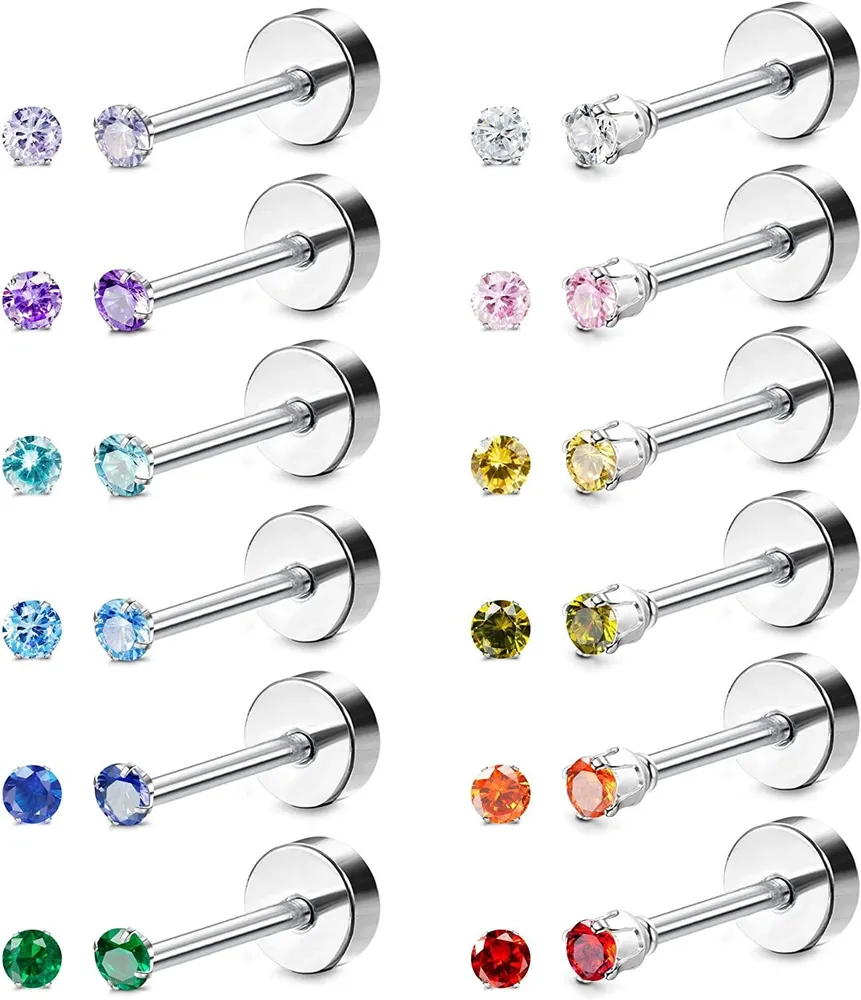 12 Pairs Stainless Tiny Stud Earrings 2MM Cubic Zirconia Stud Earring Clear CZ Earrings Set for Women Men 6mm - Grocery