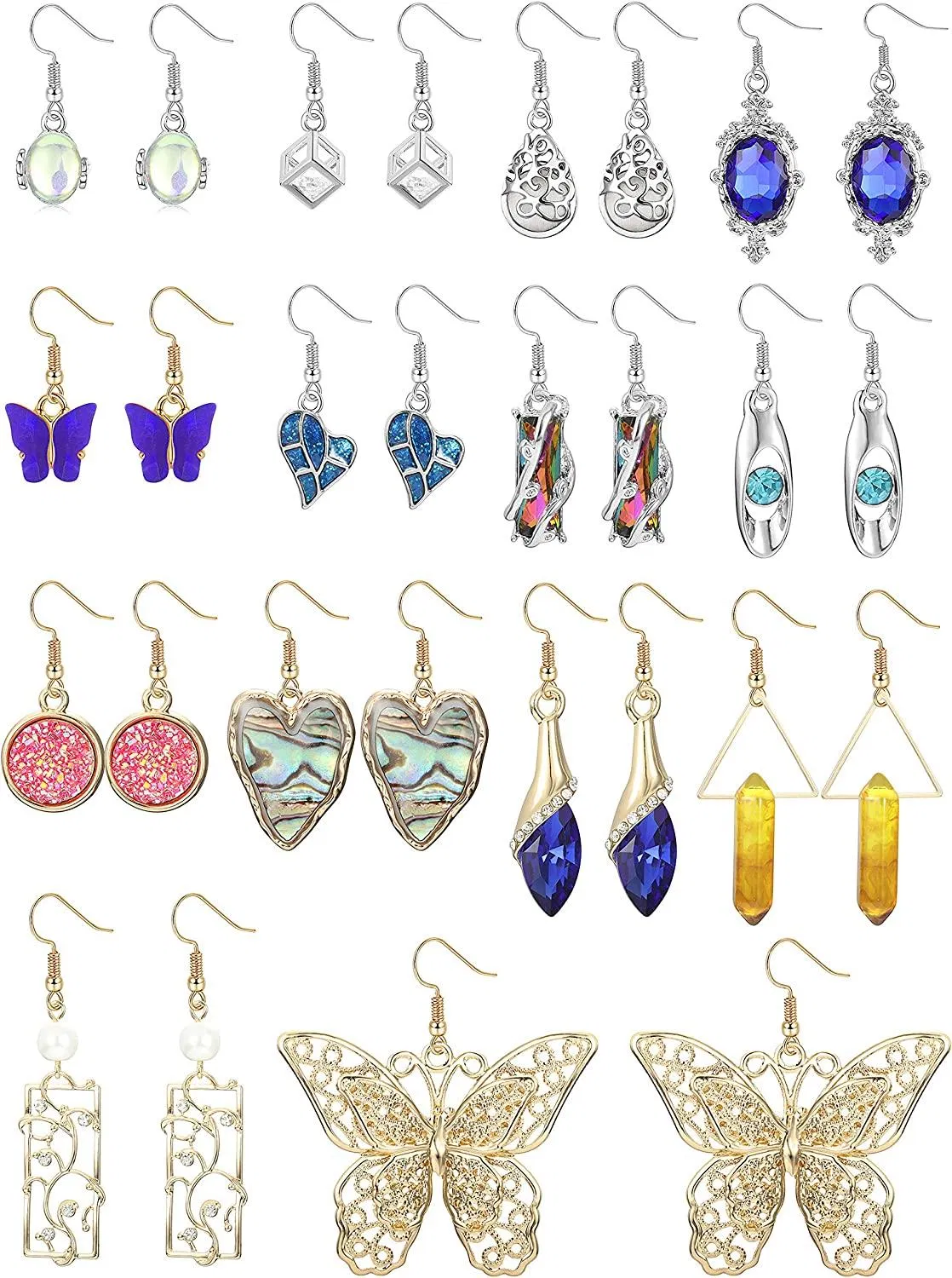 14pairs Dangle Earrings Teardrop Crystal Earrings for Women Butterfly CZ Dainty Cute Geometry Opal Statement Earrings - Grocery