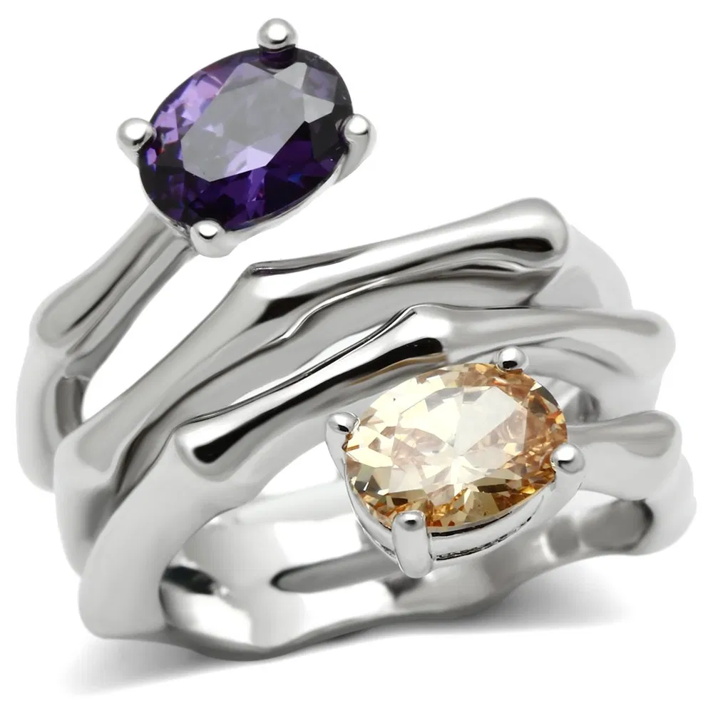 3W224 - Rhodium Brass Ring with AAA Grade CZ in Multi Color - Grocery