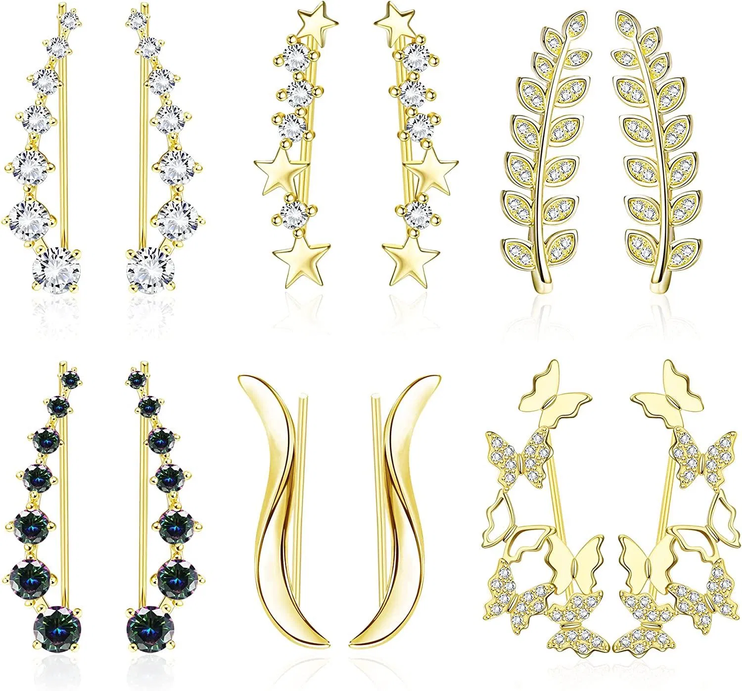 6Pairs Ear Cuffs Hoop Climber Earring CZ Butterfly Leaf Crawler Earring Set for Women Ear Jacket - Grocery