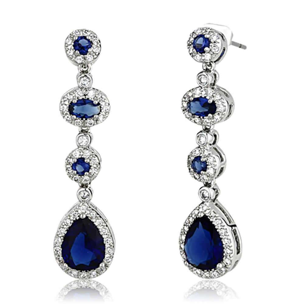 3W367 - Rhodium Brass Earrings with Synthetic Synthetic Glass in Sapphire - Grocery