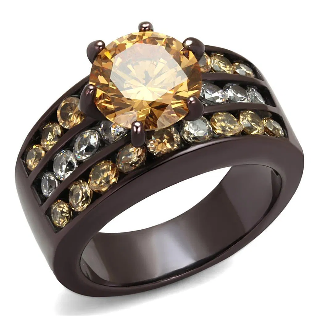 TK2681 - IP Dark Brown (IP coffee) Stainless Steel Ring with AAA Grade CZ in Champagne - Grocery