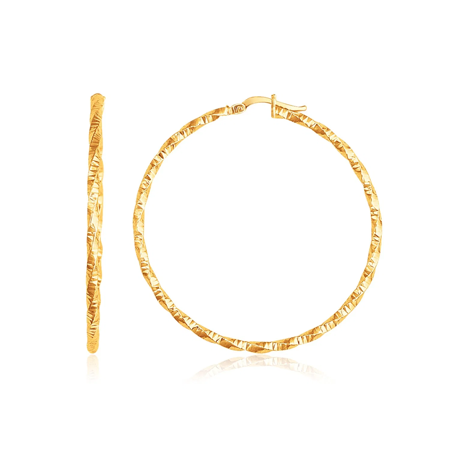 14k Yellow Gold Patterned Hoop Earrings with Twist Design(2x45mm) - Grocery