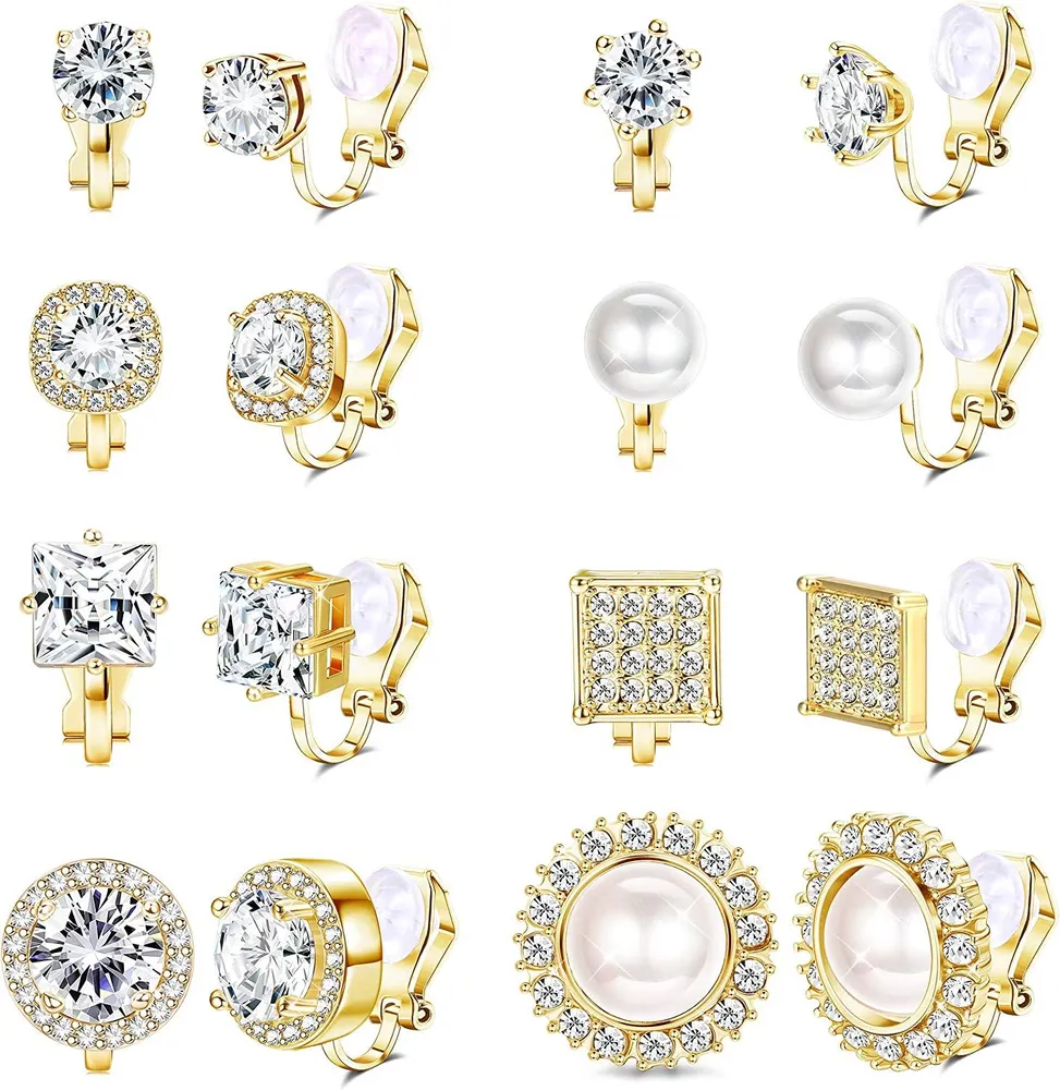 8Pairs Cubic Zirconia Peal Clip On Stud Earrings For Women Simulated Diamond Halo Non Pierced Earring Womens Clip On Earrings Set for Anniversary - Grocery