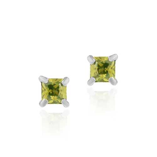 Sterling Silver Olive Green CZ 4mm Square Stud Earrings - Grocery