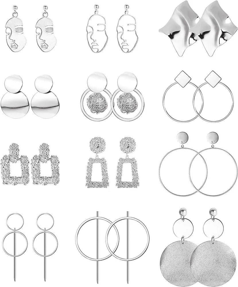 12 Pairs Statement Drop Dangle Earrings for Women Fashion Big Geometric Earrings Hoop Earrings Face Earrings Hanging Earring Set Gifts - Grocery