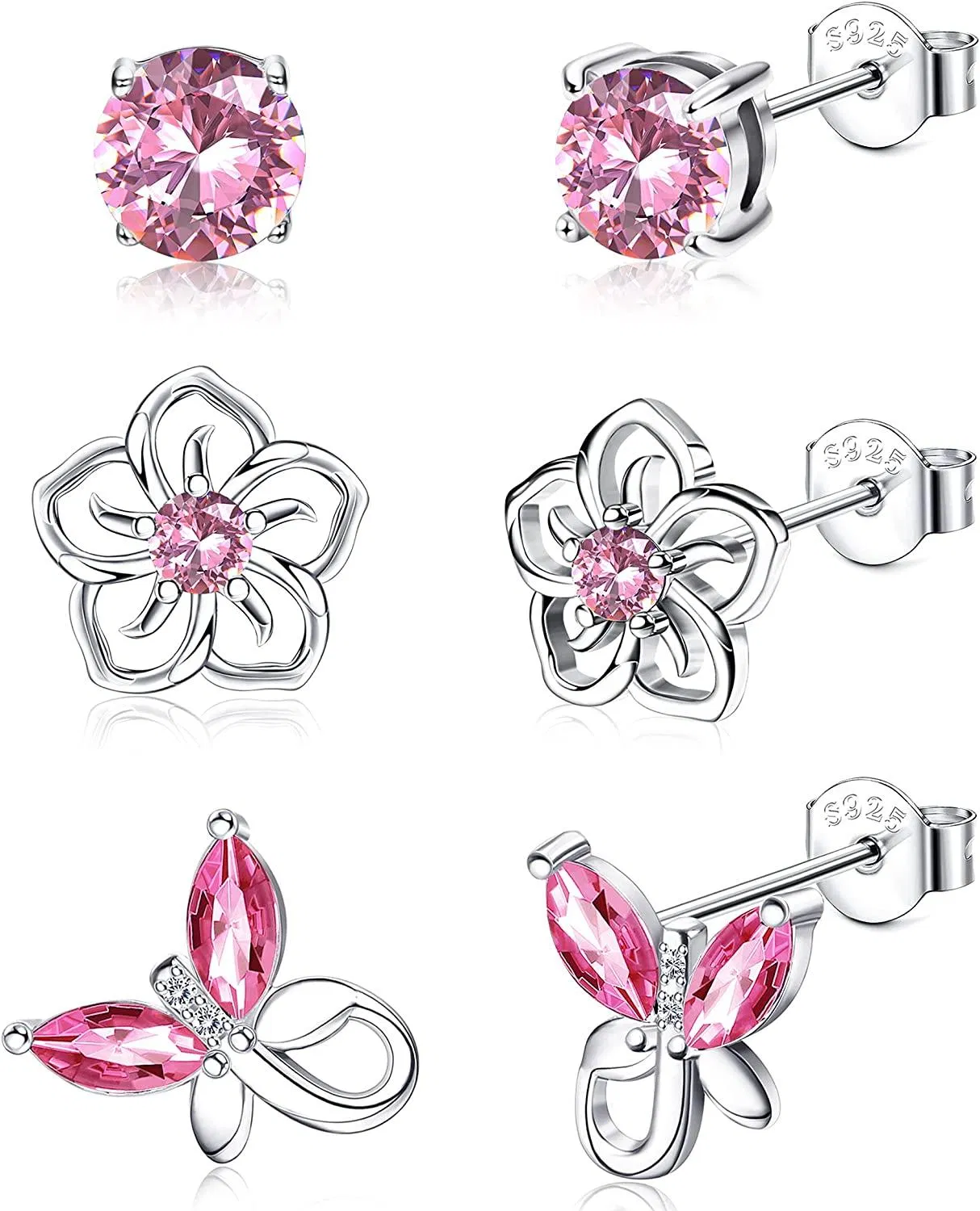 3Pairs 925 Sterling Birthstone Earrings 12 Months for Women Hypoallergenic Butterfly Flower Stud Earrings for Birthday Gift - Grocery