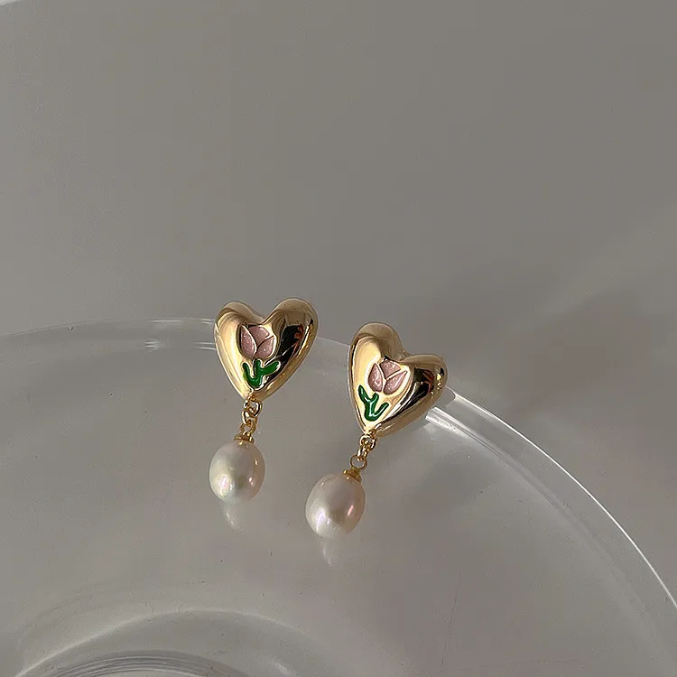 Fashion Tulip Metal Love Pearl Earrings - Grocery