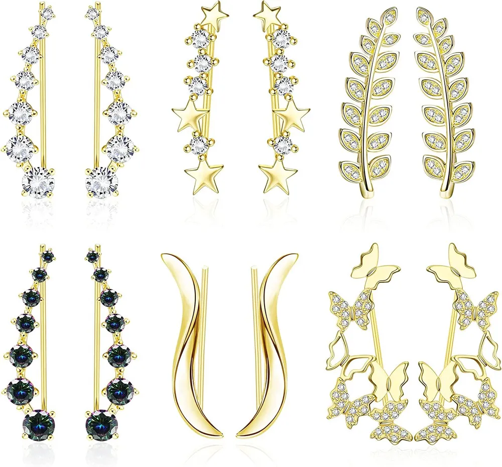 6Pairs Ear Cuffs Hoop Climber Earring CZ Butterfly Leaf Crawler Earring Set for Women Ear Jacket - Grocery
