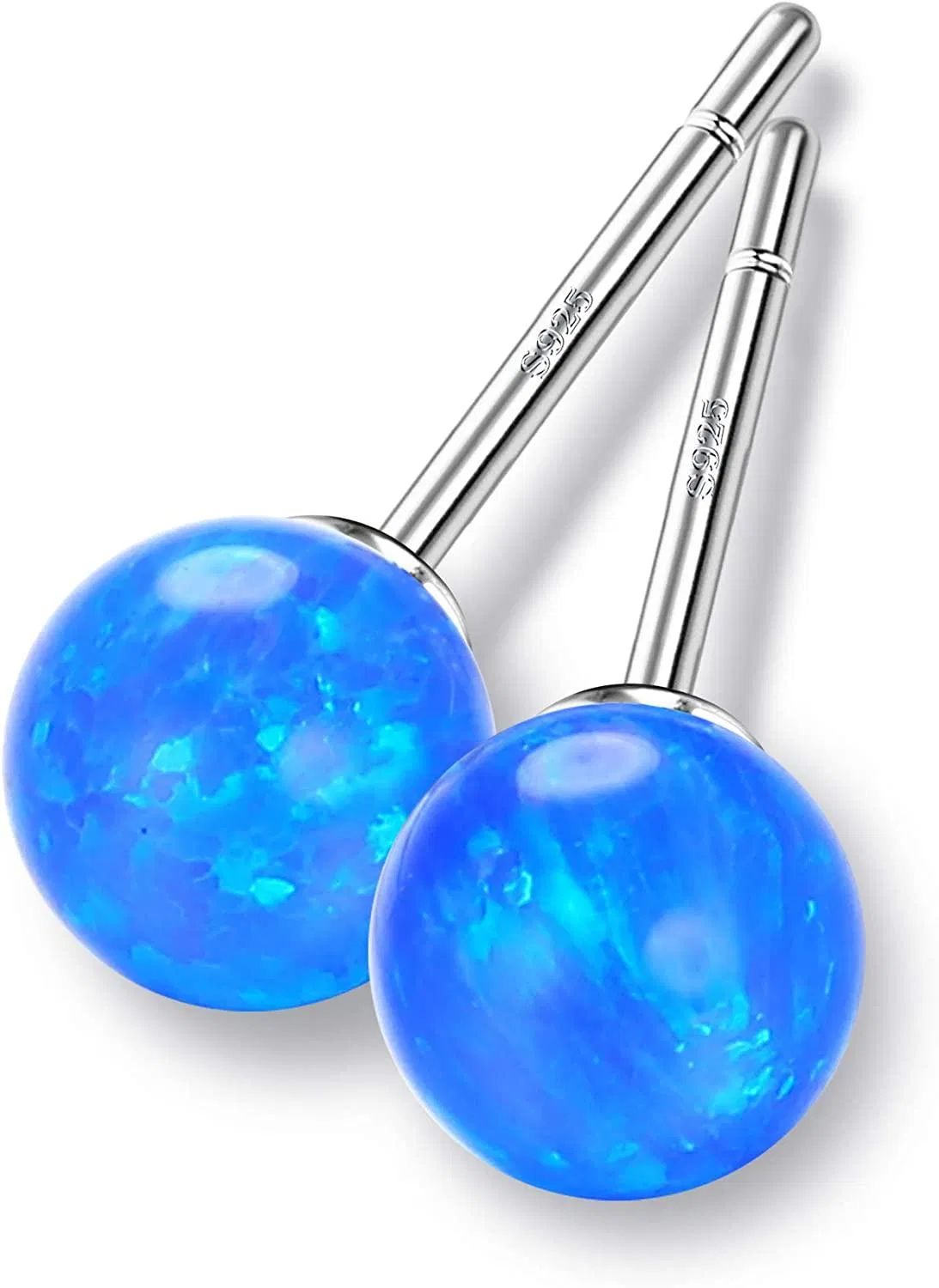 925 Sterling Opal Stud Earrings October Birthstone Minimalist Round Created White/Green/Blue Opal Ball Stud Earrings for Women 6MM - Grocery