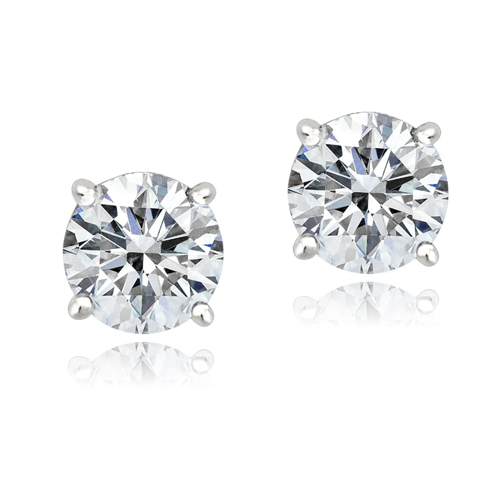 Platinum Plated Sterling Silver 100 Facets Cubic Zirconia Solitaire Stud Earrings (3cttw) - Grocery