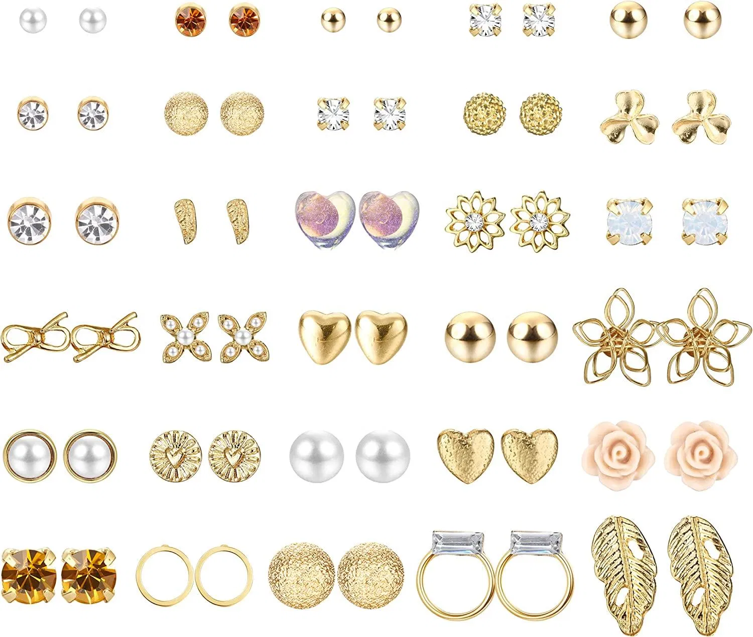 30 Pairs Gold Stud Earrings for Women Heart Flower Leaf Circle CZ Ball Earrings Stud Small Stud Earring Pack - Grocery