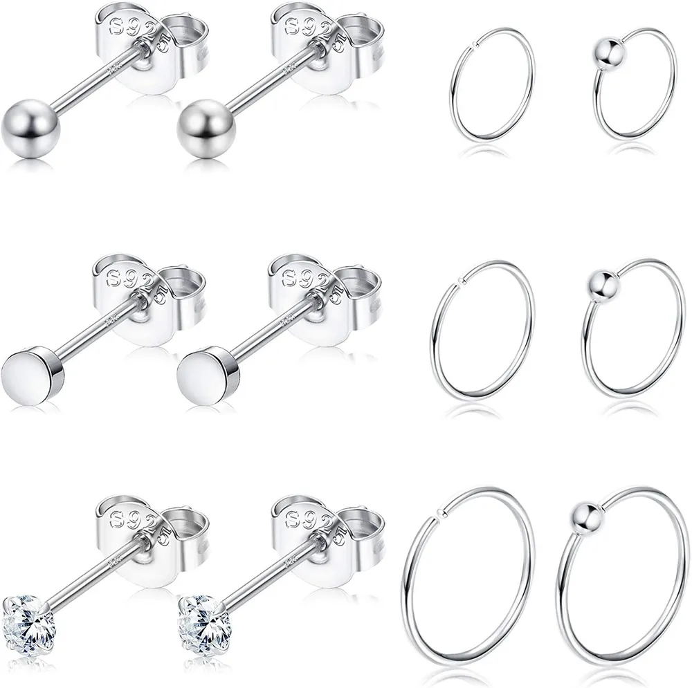 12pcs 925 Sterling Tiny Cartilage Earrings For Women Men 3mm Dot CZ Ball Stud Earrings Endless Nose Rings Hoop Set Assorted Tragus Helix Piercing Jewelry - Grocery