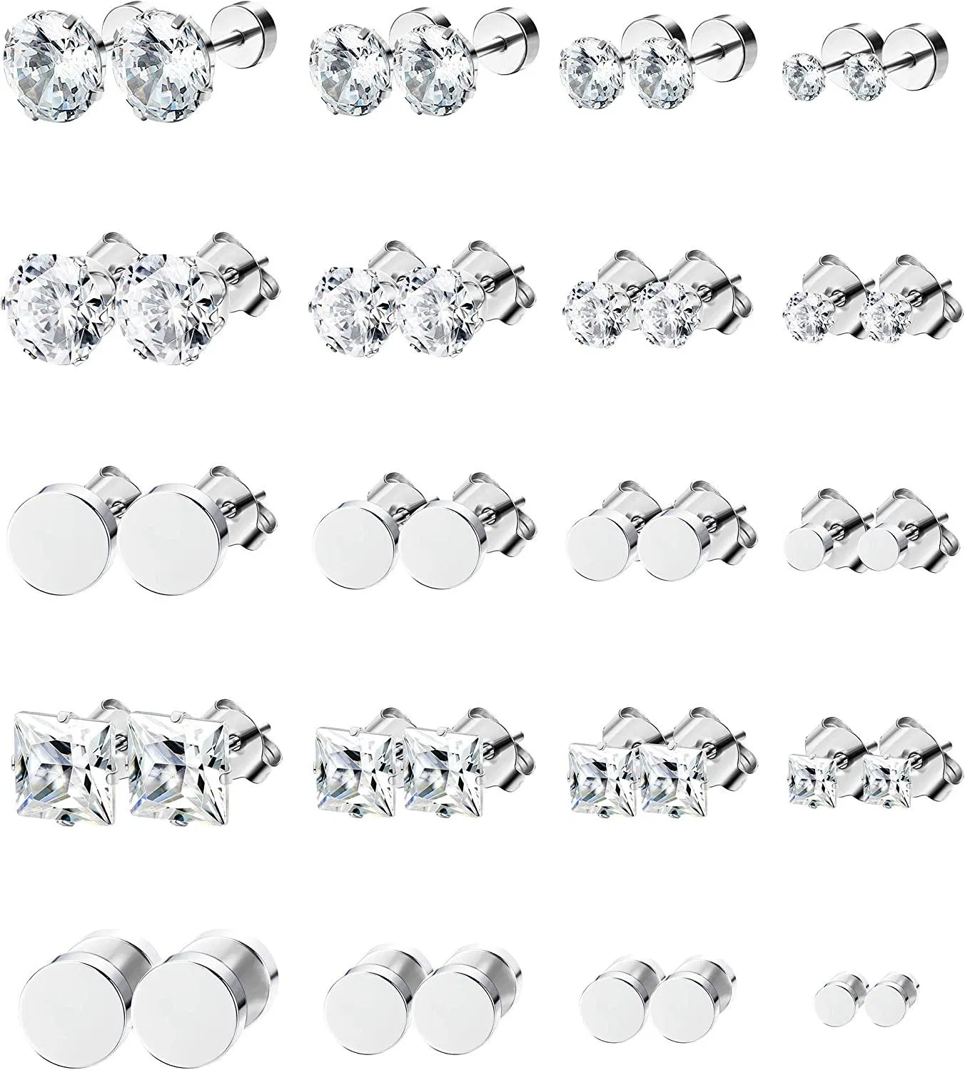 20 Pairs White Stainless CZ Stud Earrings Set for Men Women Cubic Zirconia Earrings Piercing; White - Grocery