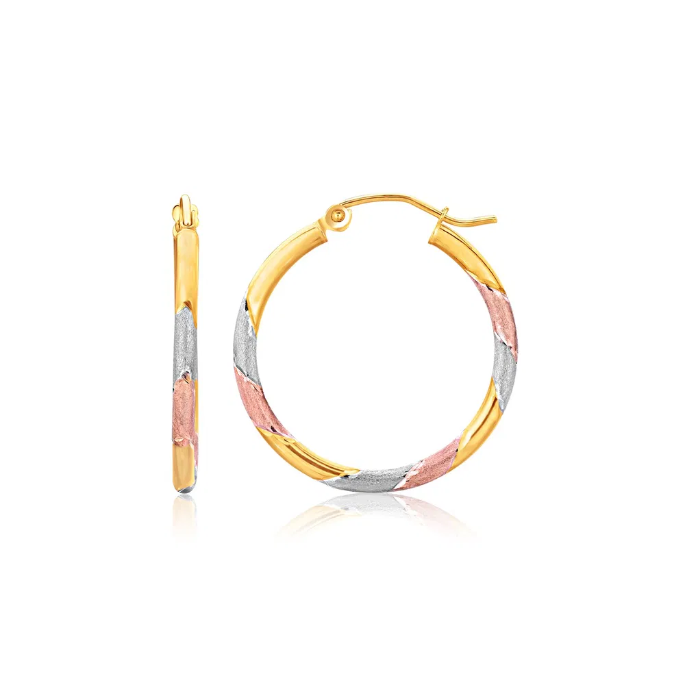 14k Tri-Color Textured Hoop Earrings (2x22mm) - Grocery