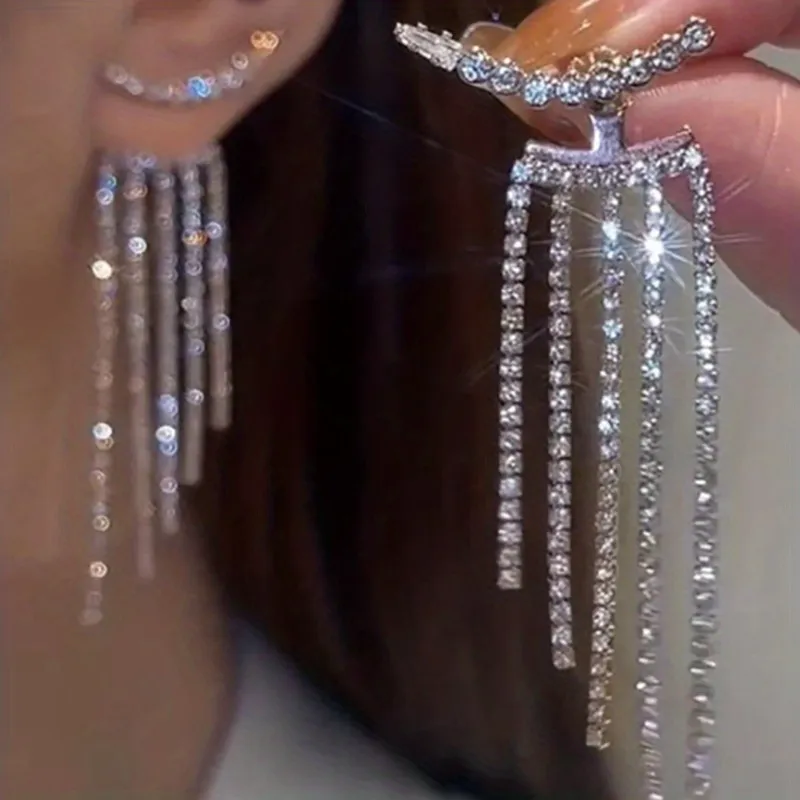 Sparkling Zircon Tassel Design Dangle Earrings Minimalist Style Zinc Alloy Jewelry Trendy Female Gift - Grocery