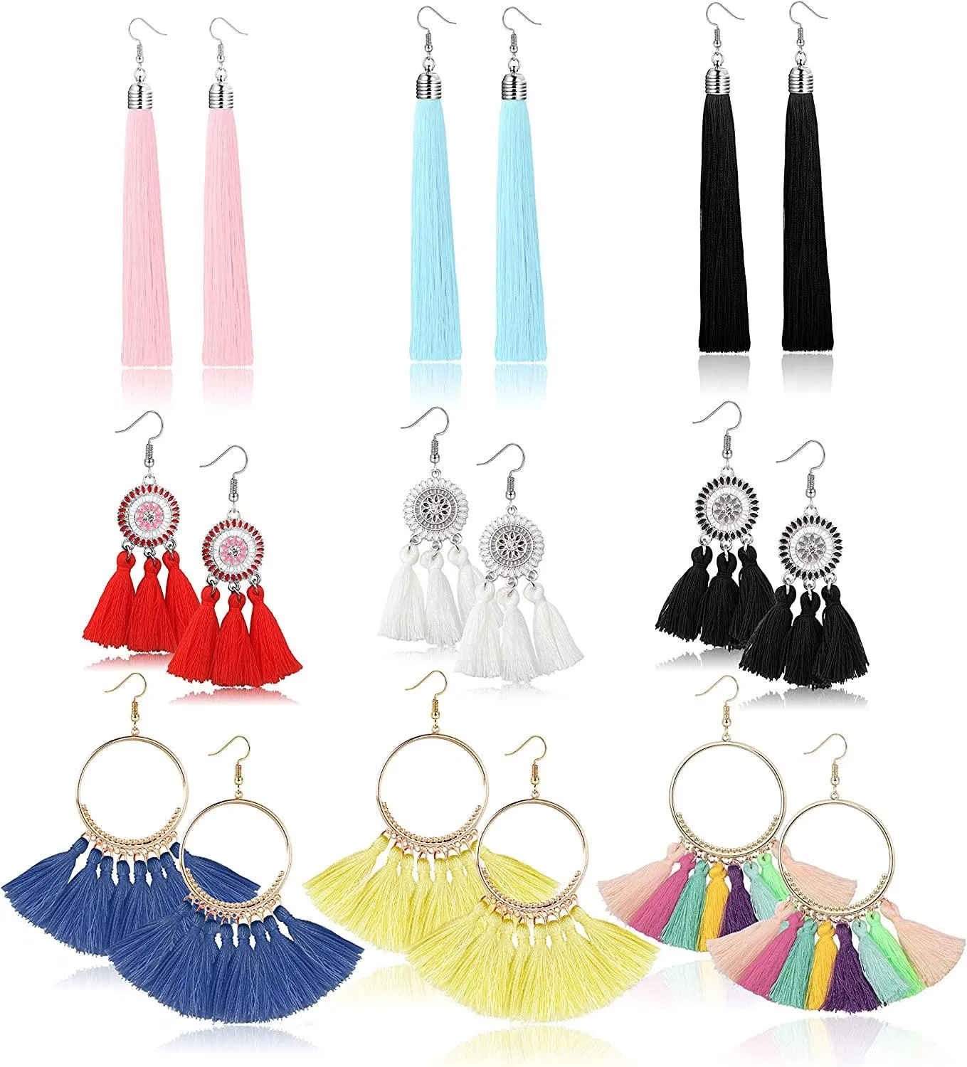 9Pairs Statement Tassel Earrings for Women Colorful Bohemian Style Unique Design Fringe Dangle Drop Earrings - Grocery