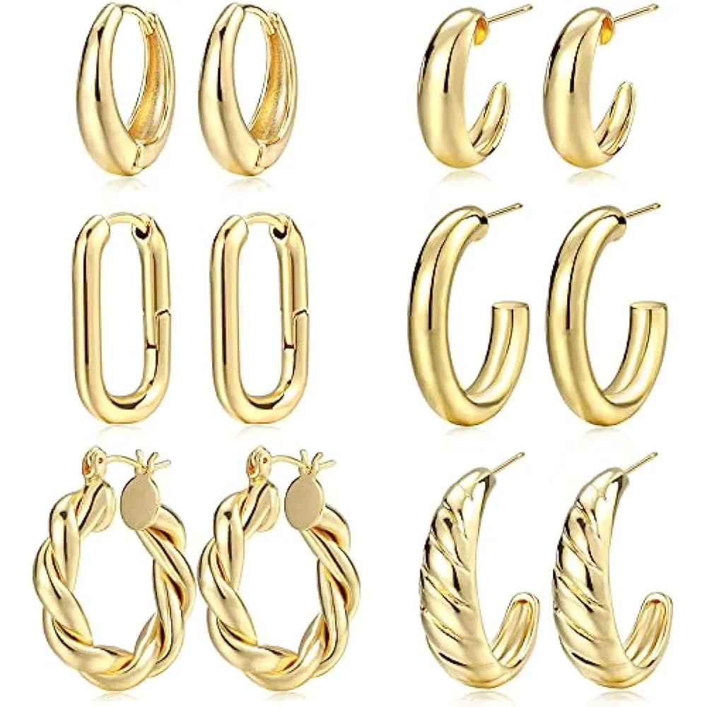 Gold Hoop Earrings Set for Women, 14K Gold Plated Lightweight Hypoallergenic Chunky Open Hoops Set for Gift - Grocery