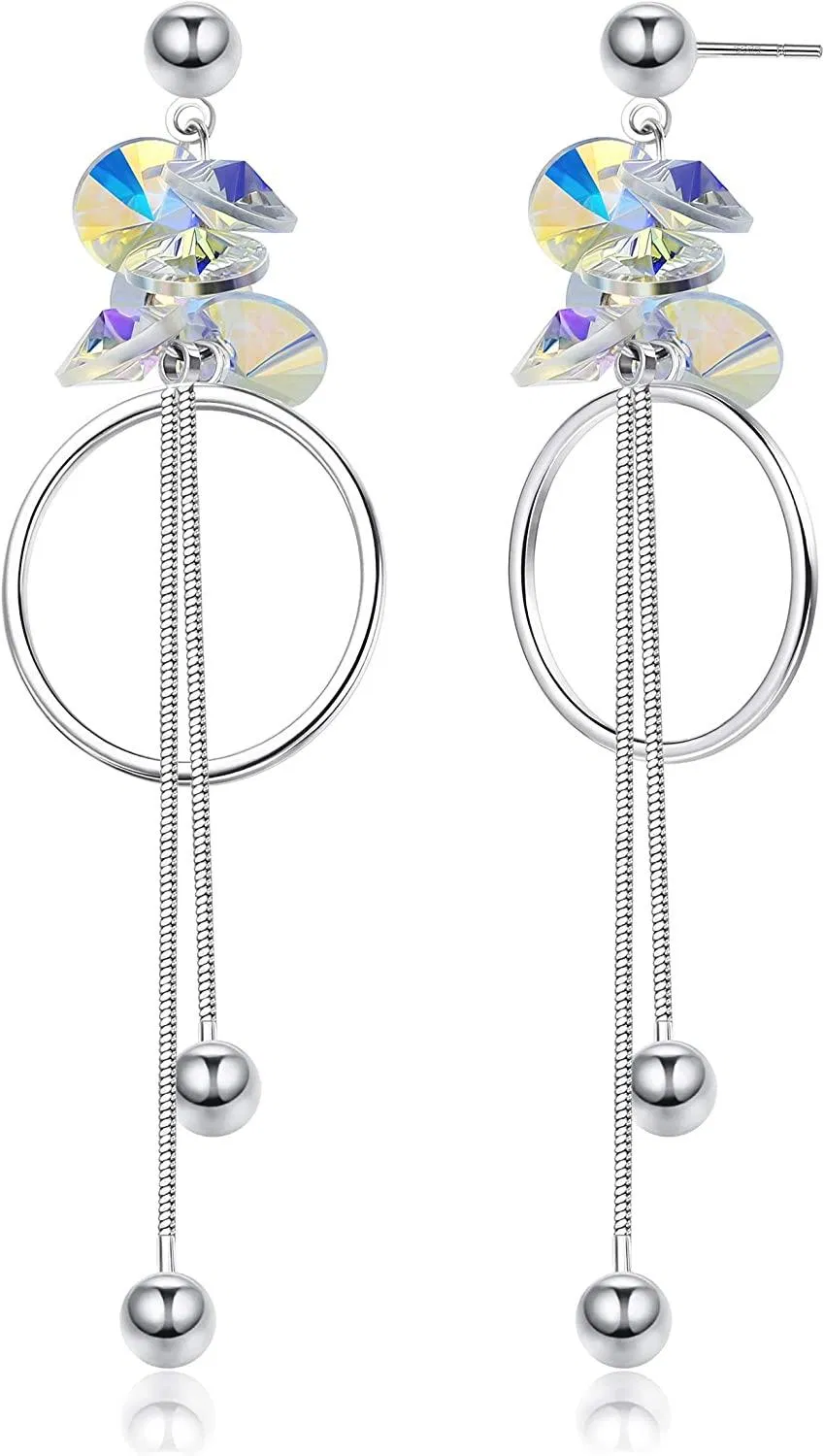 18K White Gold Hoop Earrings Austria Crystal Dangle Earrings for Women Circle Pendant Drop Earrings with Tiny Ball for Birthday Anniversary - Grocery
