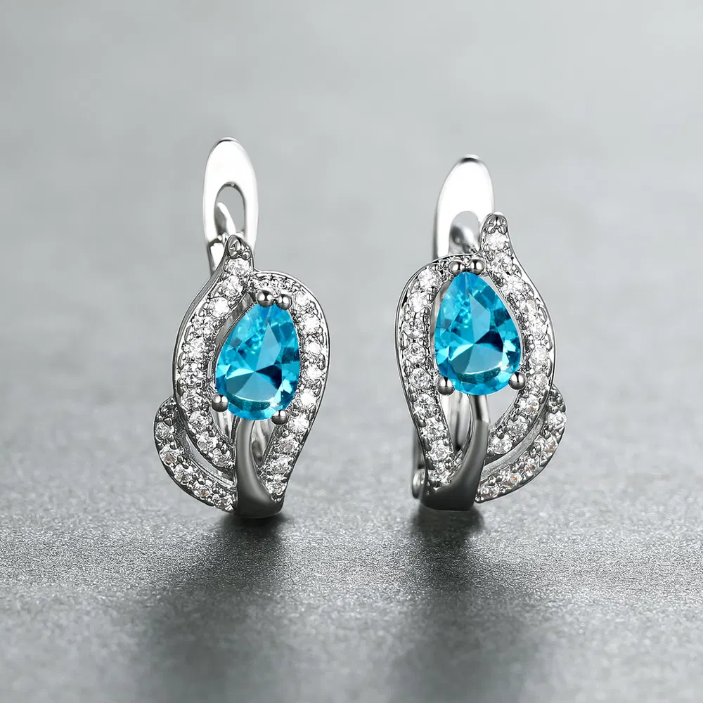 Water Drop Stone Hoop Earrings For Women Luxury Multicolor Zirconia Leaf Crystal Silver Color Wedding Hoop Earrings - Grocery