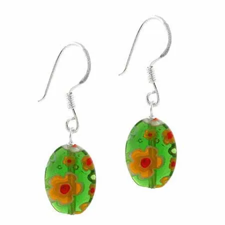 Sterling Silver Green Millefiori Murano Glass Oval Dangle Earrings - Grocery