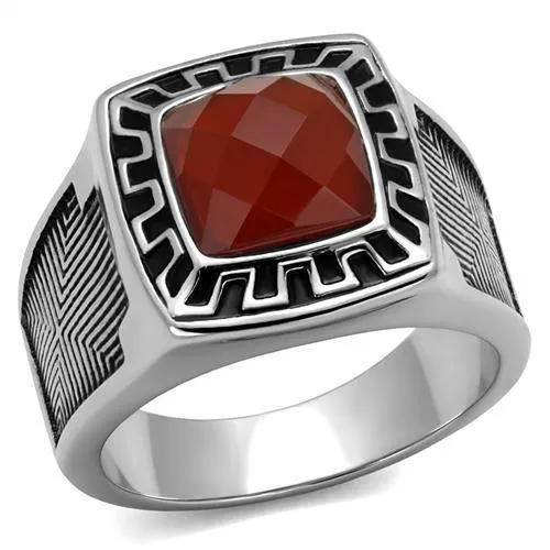 TK3007 - High polished (no plating) Stainless Steel Ring with Semi-Precious Agate in Siam - Grocery