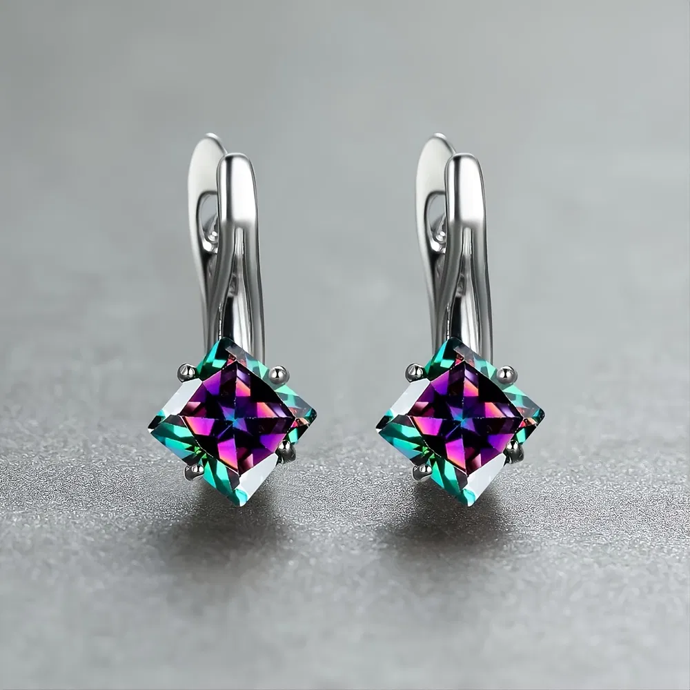 1 Pair Silver Color Princess Cut Blue Green Red White Rainbow Stone Clip Earrings Birthstone Bride Princess Engagement Drop Dangle Earrings - Grocery